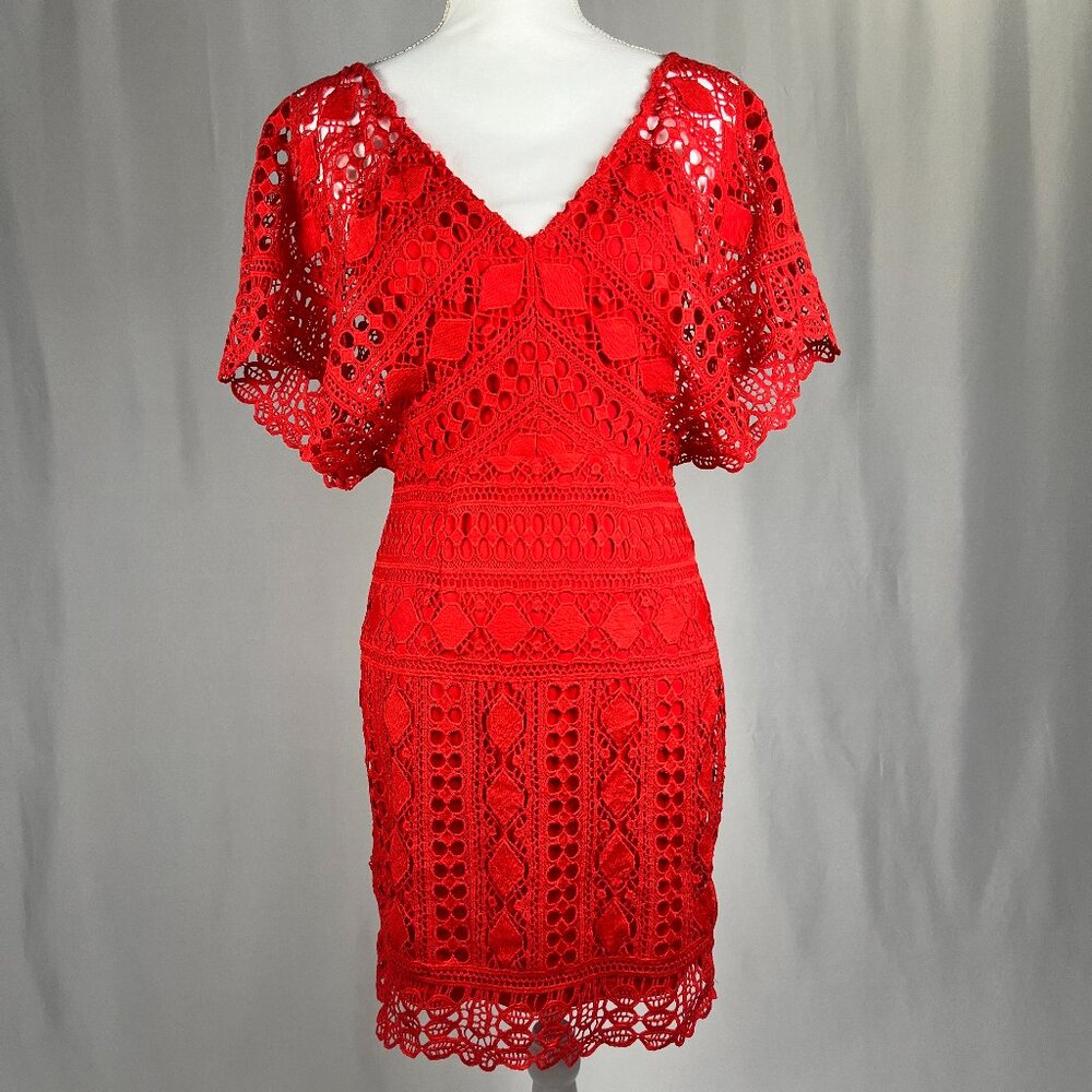 Lulus Red Lace Bodycon Dress Small V-Neck Flutter Sleeve Cocktail Party